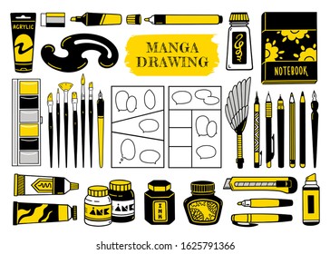 Big collection of manga sketching supplies, drawing tools. Black and white ink, liner, pen, brushes, markers, paints, feather brush sweeper, french curve, isograph. Vector illustration.