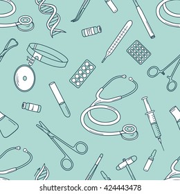 Big collection of medical tools hand drawn seamless pattern. Icon set vector. Sketch objects background. Doodle colorful backdrop