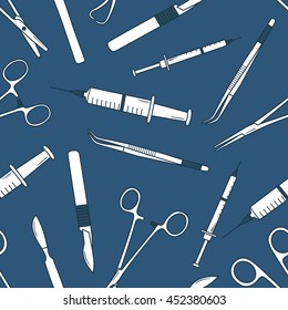 Big Collection Of Medical Tools Hand Drawn Seamless Pattern. Icon Set Vector. Sketch Objects Background. Doodle Colorful Backdrop