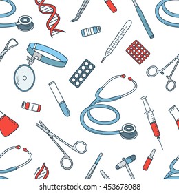 Big collection of medical tools hand drawn seamless pattern. Icon set vector. Sketch objects background. Doodle colorful backdrop