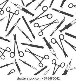 Big collection of medical tools, hand drawn seamless pattern. Black and white background with icon set vector. Decorative wallpaper, good for printing 