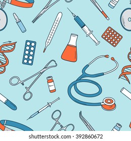 Big collection of medical tools, seamless pattern. Hand drawn icons set vector. Colorful backdrop. Decorative wallpaper, good for printing and web materials for medical clinic