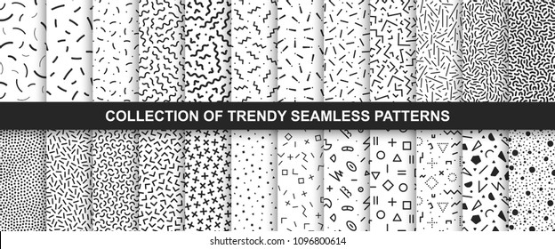 Big collection of memphis seamless vector patterns. Fashion design 80-90s. Black and white textures. You can find repeatable backgrounds in swatches panel.