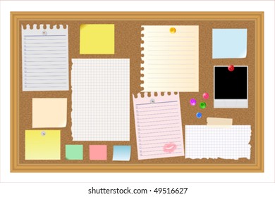 Big collection of message paper on the cork panel, vector illustration