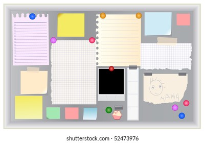 Big collection of message paper on the metal panel, vector illustration
