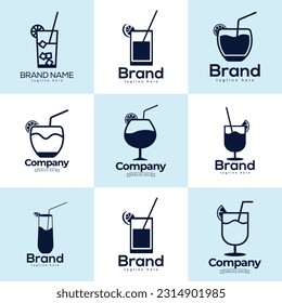 A Big Collection Mimosa Drink Glass Of Logos For A Company Called Brand Template. Mimosa lemon glasses Logo And Vector Illustration With A Slice Of Lemon And A Slice Of Taste Lemon.  