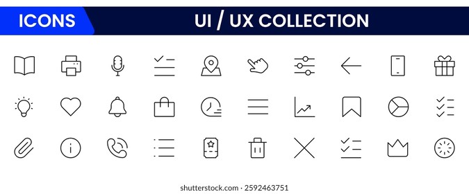 It is a big collection of minimalist and simple UX UI web icons. Vector illustrator. Suitable for Web Page, Mobile App, Web, and Print.