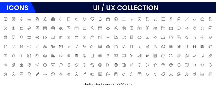 It is a big collection of minimalist and simple UX UI web icons. Vector illustrator. Suitable for Web Page, Mobile App, Web, and Print.