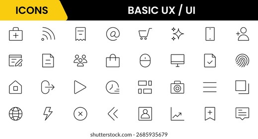 Es una gran colección de iconos web de interfaz de usuario de UX minimalistas y simples. Ilustrador de Vector. Conveniente para la página del Web, el App móvil, el Web, y la impresión.