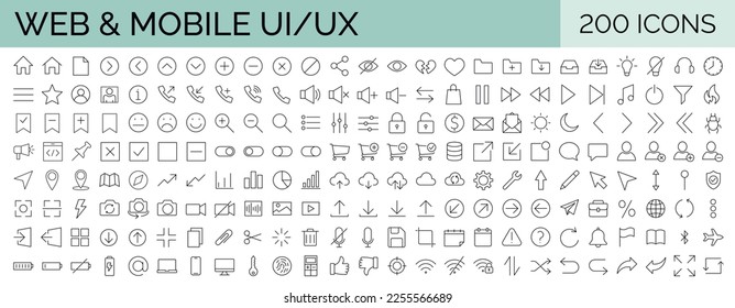 Big collection of minimalist and simple UxUi web icons. Set of 200 editable stroke icons. Vector illustrator. Suitable for Web Page, Mobile App, Web, Print.