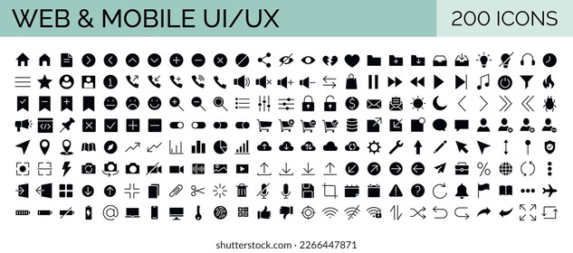 Big collection of minimalist and simple UxUi web icons. Set of 200 black filled icons. Vector illustrator. Suitable for Web Page, Mobile App, Web, Print.