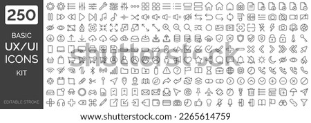 Big collection of minimalist and simple UxUi web icons. Set of 250 editable stroke icons. Vector illustrator. Suitable for Web Page, Mobile App, Web, Print.