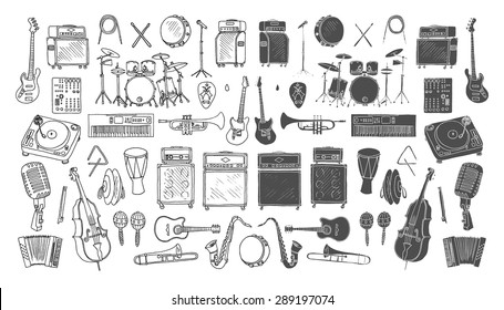 Big collection of Music Instruments. Hand drawn illustration in doodle style.Isolated