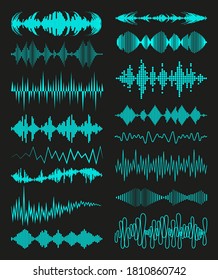 Gran colección con el logo de las ondas de música y símbolos de audio sobre fondo negro. Conjunto de elementos ecualizadores de sonido modernos. Plantilla de tecnología de forma de onda digital para vectores