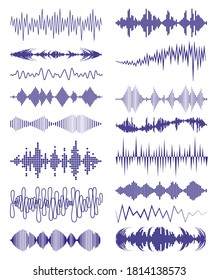Gran colección con el logo de las ondas de música y símbolos de audio. Conjunto de elementos ecualizadores de sonido modernos. Ilustración de la tecnología de forma de onda digital de vectores
