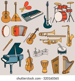 Gran colección de instrumentos musicales, íconos dibujados a mano. Antecedentes con conjunto de iconos, músico de profesión. Diseño de ilustraciones coloridas, elementos decorativos