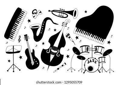 Big collection of musical instruments: piano, trumpet, cymbals, guitar, cello and saxophone. Vector hand drawn illustration.