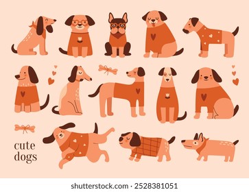 Big collection of naive illustrations with cute dogs. Set of clip arts with different breed dogs. Kawaii pets in various poses, sits, walks, lying. Cartoon animal characters. Funny cheerful puppies. 