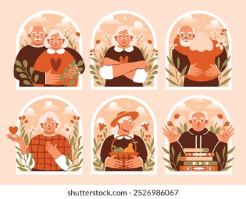 Big collection of naive illustrations with old people. Cute old woman and old man stand, hugging among flowers, plants. With heart in hands, basket full of fruits, stack of books. Senior couple.