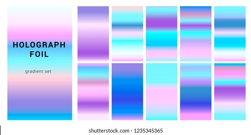 Big collection of neon pastel holographic gradients. Color swatches for design. Synthwave/ Vaporwave color palette.