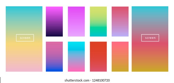 Big collection of neon pastel holographic gradients. Colorful backgrounds in trendy neon colors: UFO Green, Plastic Pink, and Proton Purple, Electric Blue. Swatches for design. 