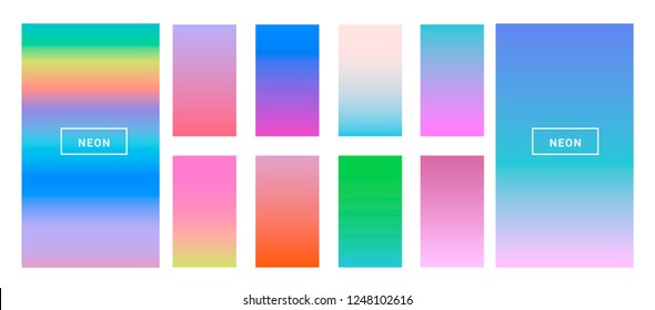 Big collection of neon pastel holographic gradients. Colorful backgrounds in trendy neon colors: UFO Green, Plastic Pink, and Proton Purple, Electric Blue. Swatches for design. 