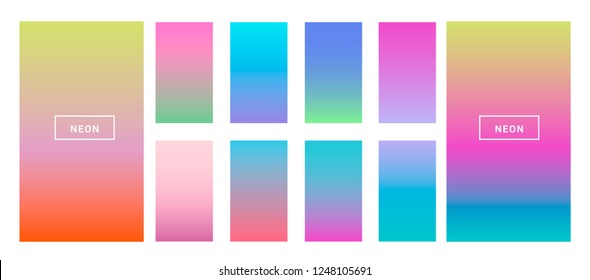 Big collection of neon pastel holographic gradients. Colorful backgrounds in trendy neon colors: UFO Green, Plastic Pink, and Proton Purple, Electric Blue. Swatches for design. 