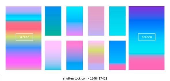 Big collection of neon pastel holographic gradients. Colorful backgrounds in trendy neon colors: UFO Green, Plastic Pink, and Proton Purple, Electric Blue. Swatches for design. 