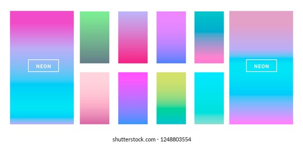 Big collection of neon pastel holographic gradients. Colorful backgrounds in trendy neon colors: UFO Green, Plastic Pink, and Proton Purple, Electric Blue. Swatches for design. 