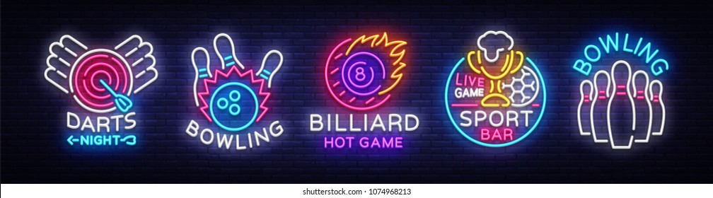 Big collection neon signs for Bowling, Darts, Billiards, Football Pub. Set Logos neon, light emblems signs and symbols, light banner, design elements, nightly vibrant advertising. Vector illustration