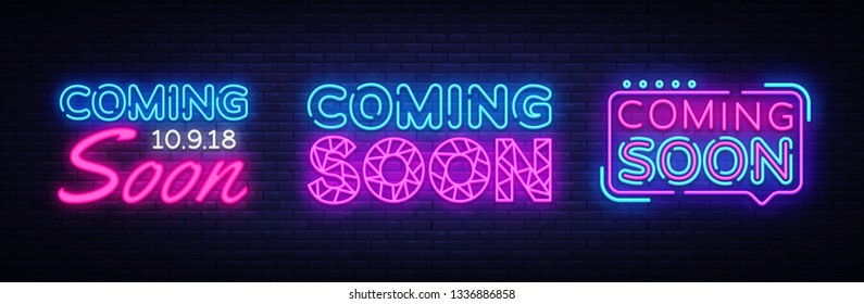 Big collection neon signs Coming Soon. Coming Soon Neon Banner Vector. Design template, modern trend design, night light signboard, night bright advertising. Vector illustration