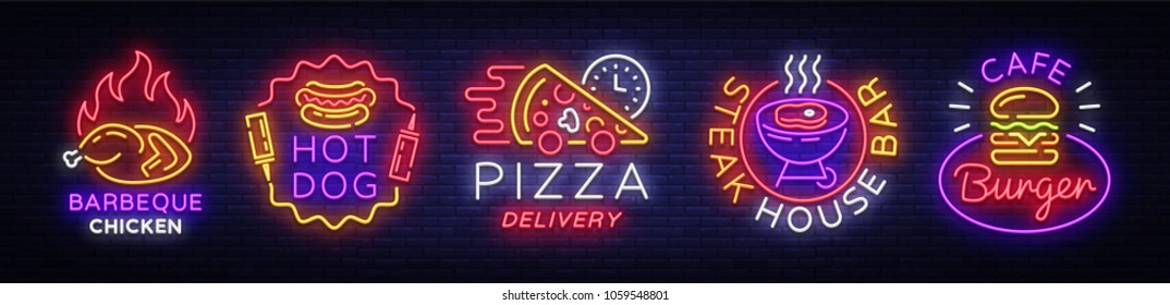 Big collection neon signs on theme food. Vector. Set bright food emblems, Neon food symbols, design template, Barbeque chicken, Hot Dog, Pizza Delivery, Steak House Bar, Burger Cafe