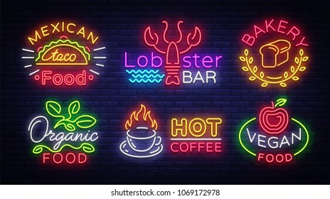 Big collection neon signs on theme food. Vector. Set bright food emblems, Neon food symbols, design template, Mexican food tacos, Lobster Bar, Bakery, Organic, Hot Coffee, Vegan