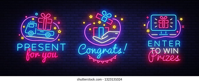 Big collection neon signs Prizes. Gift Neon Banner Vector. Enter to win prizes design template, modern trend design, night light signboard, night bright advertising. Vector illustration