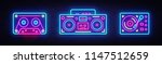 Big collection neon sing. Retro Music neon symbols design elements. Back to 80-90s light banner, modern trend design style. Bright signboard, night advertising. Vector illustration