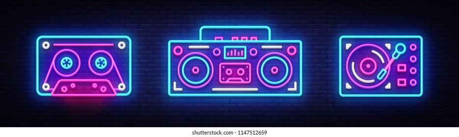 Big collection neon sing. Retro Music neon symbols design elements. Back to 80-90s light banner, modern trend design style. Bright signboard, night advertising. Vector illustration