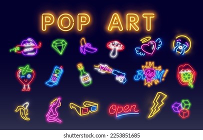 Big collection neon sing. Retro Music neon symbols design elements. Back to 80-90s light banner, modern trend design style.