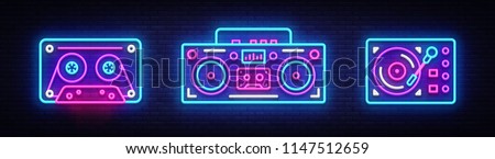 Big collection neon sing. Retro Music neon symbols design elements. Back to 80-90s light banner, modern trend design style. Bright signboard, night advertising. Vector illustration