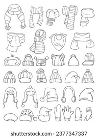 Big collection outline seasonal clothing. Scarves, neckerchief, hats and caps, elf and Santa hat, mittens and socks. Vector illustration. Isolated hand drawings doodle winter knitted accessory