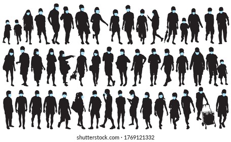 Big collection of people silhouettes wearing medical masks preventing Corona Virus 2020 or covid-19. Hand drawn vector illustrations. 
