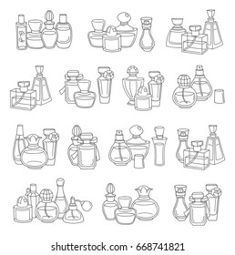 Big collection of perfume bottles. Groups of uncolored glass bottles. Hand-drawn, retro, doodle, outline, different shapes. Vector silhouettes.