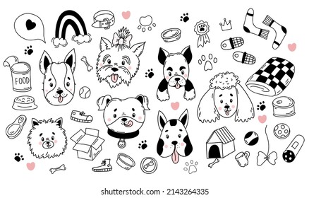 Gran colección de mascotas. Personajes de perros de diferentes razas, juguetes y huellas de pata, tazas, comida y alimentación. Ilustración vectorial. Doodles lineales aislados dibujados a mano para el diseño y la decoración