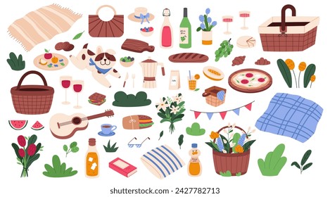 Big collection for Picnic in park. Food, drinks and decor. Flat vector illustration isolated on white background.