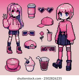 Große Kollektion von Pixel-Art-Aufklebern mit niedlichen schönen Illustrationen von Anime-Mädchen, Sonnenbrillen, Kaffeetassen, etc. Sprite Sheet für ein Videospiel.