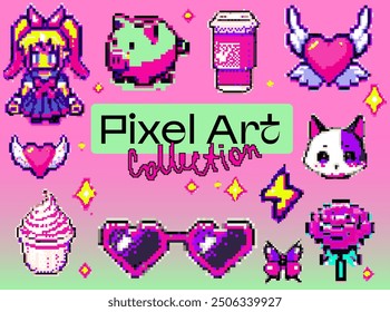 Big collection of pixel art stickers with cute lovely illustrations of anime girl, sunglasses, coffee cup, etc.