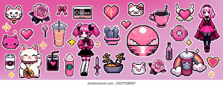 Big collection of pixel art stickers with cute lovely illustrations of anime girls, plants, cats, coffee cups, etc.