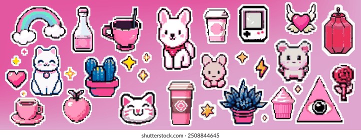 Big collection of pixel art stickers with cute lovely illustrations of animals, plants, coffee cups, etc.