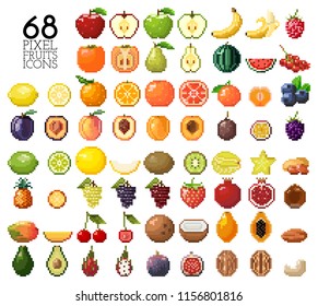 Big collection of pixel fruits, berries and nuts. Old style 8 bit icons. Apple, banana, cherry, lemon, mango, kiwi and other isolated on white background. Healthy food. Fresh and tasty exotic fruits