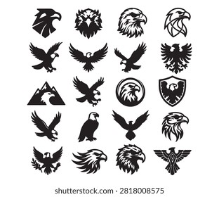 Big collection of premium eagle logo vectors and silhouettes. Set of black and white eagle designs including flying eagles, majestic eagle heads, heraldic symbols, tribal mascots, and shield emblems isolated on white background. Perfect for sports teams, military, security, and corporate identity.