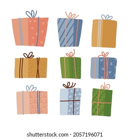Big collection of present gift boxes in color wrapping paper, decorated by bows, taped by ropes. Front view concept. Vector flat hand drawn illustration.